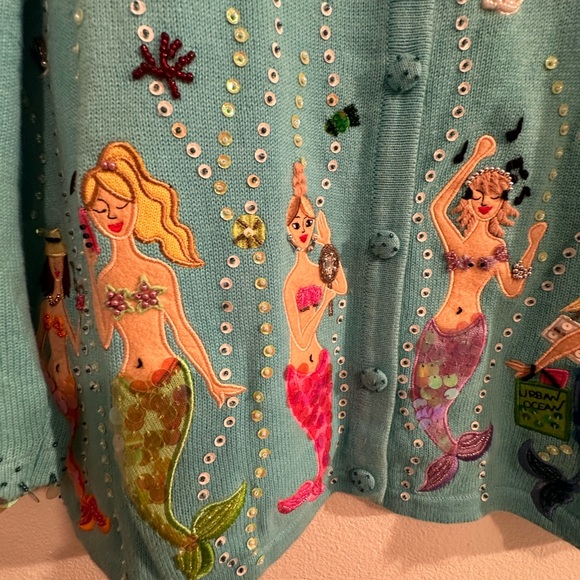 Vintage Jack B. Quick blue mermaid sequin beaded embroidery sweater cardigan XL - Picture 3 of 6